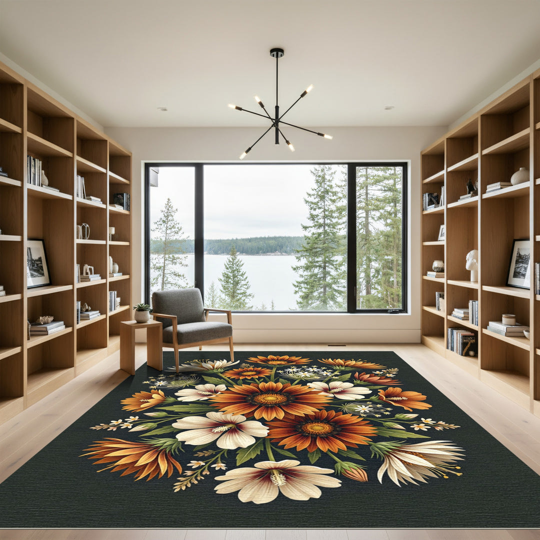Orange White Floral Arrangement Rug