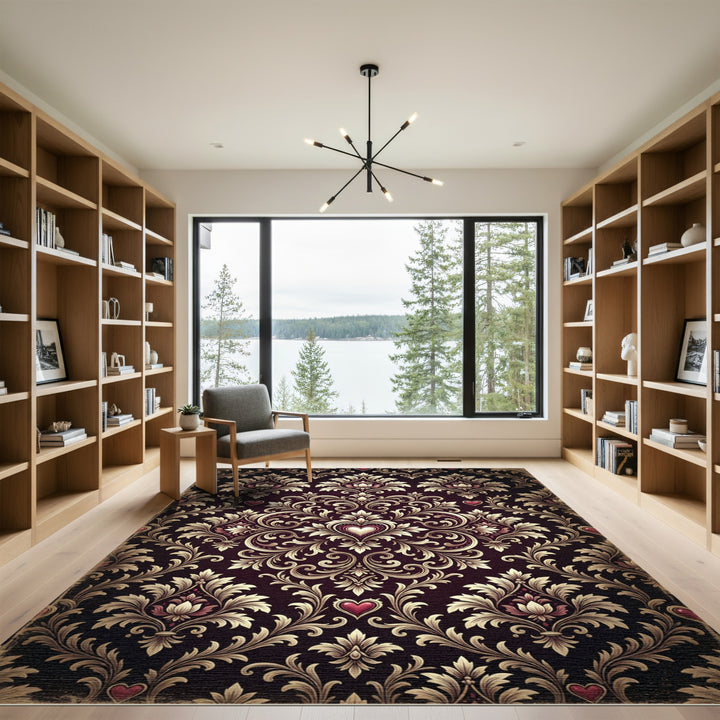 Ornate Burgundy Heart Damask Rug