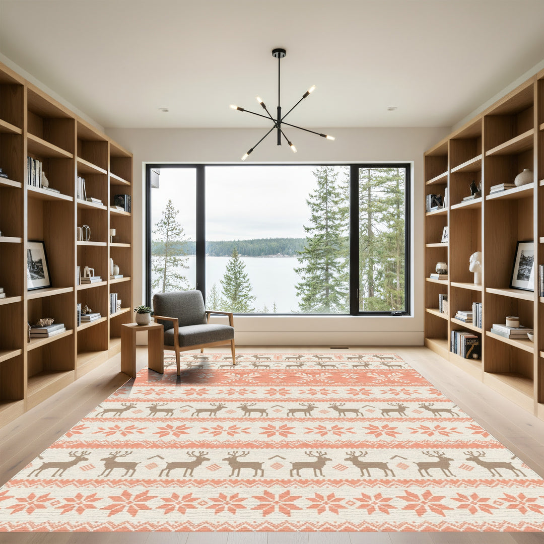 Coral Reindeer Snowflake Nordic Knit Rug
