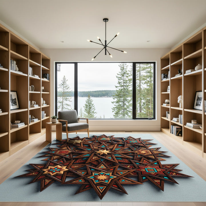 Geometric Wood Star Inlay Abstraction Rug