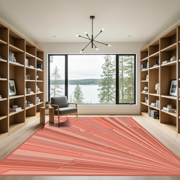 Coral Sunburst Geometric Lines Rug