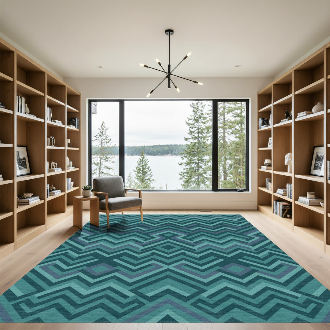 Teal Geometric Maze Chevron Rug