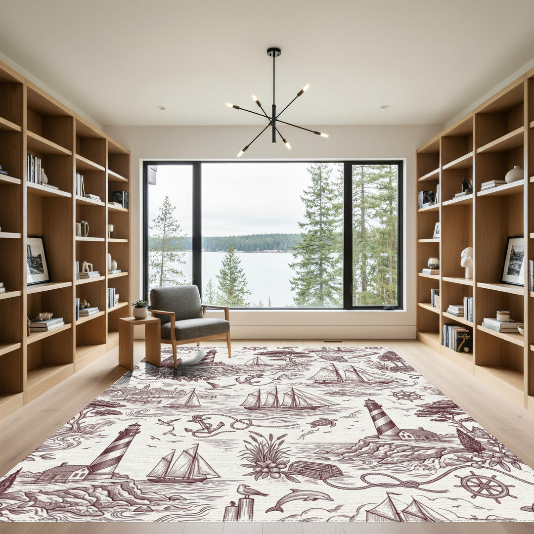 Nautical Scene Sailors Lighthouse Dolphins Anchor Rug