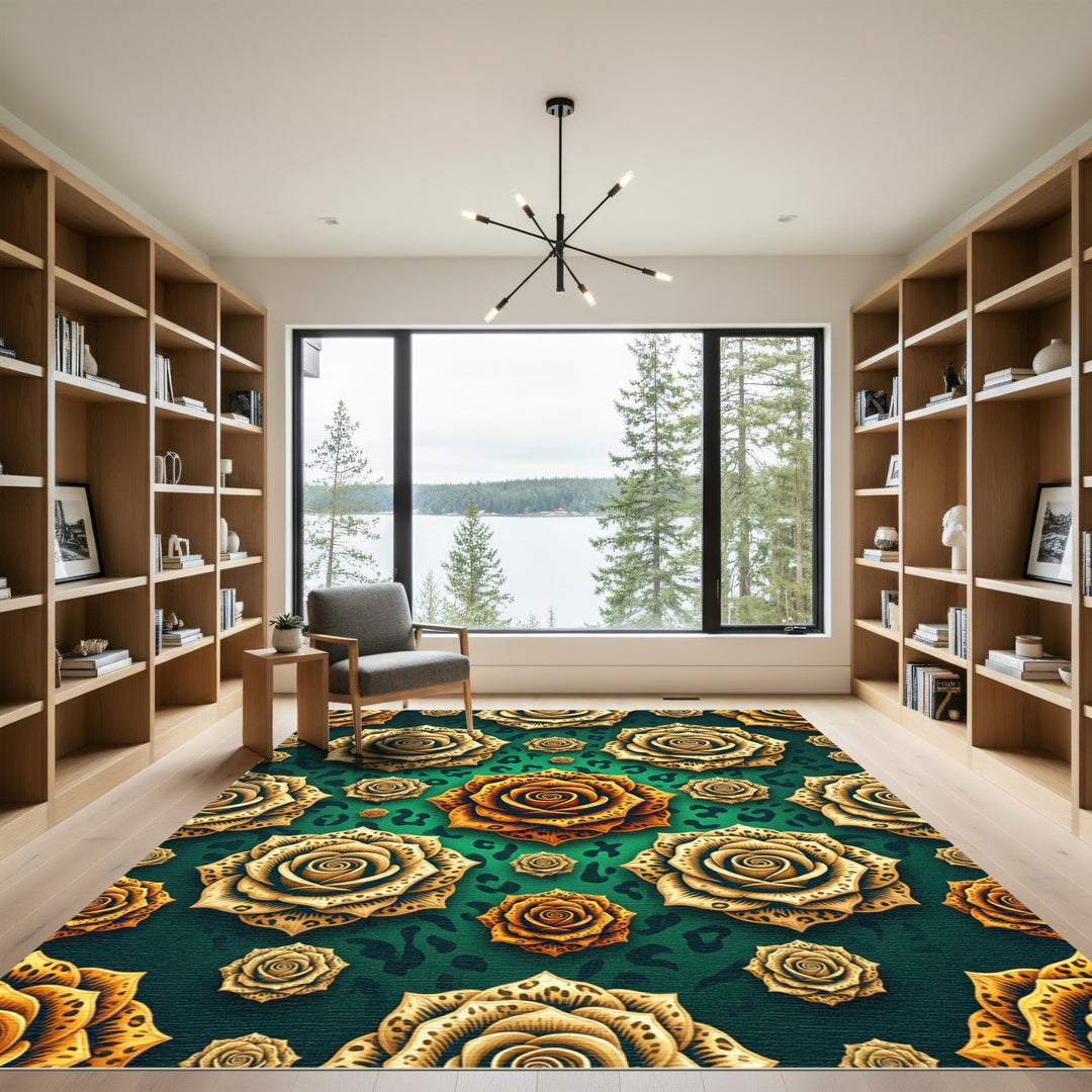 Gold Leopard Rose Floral Rug
