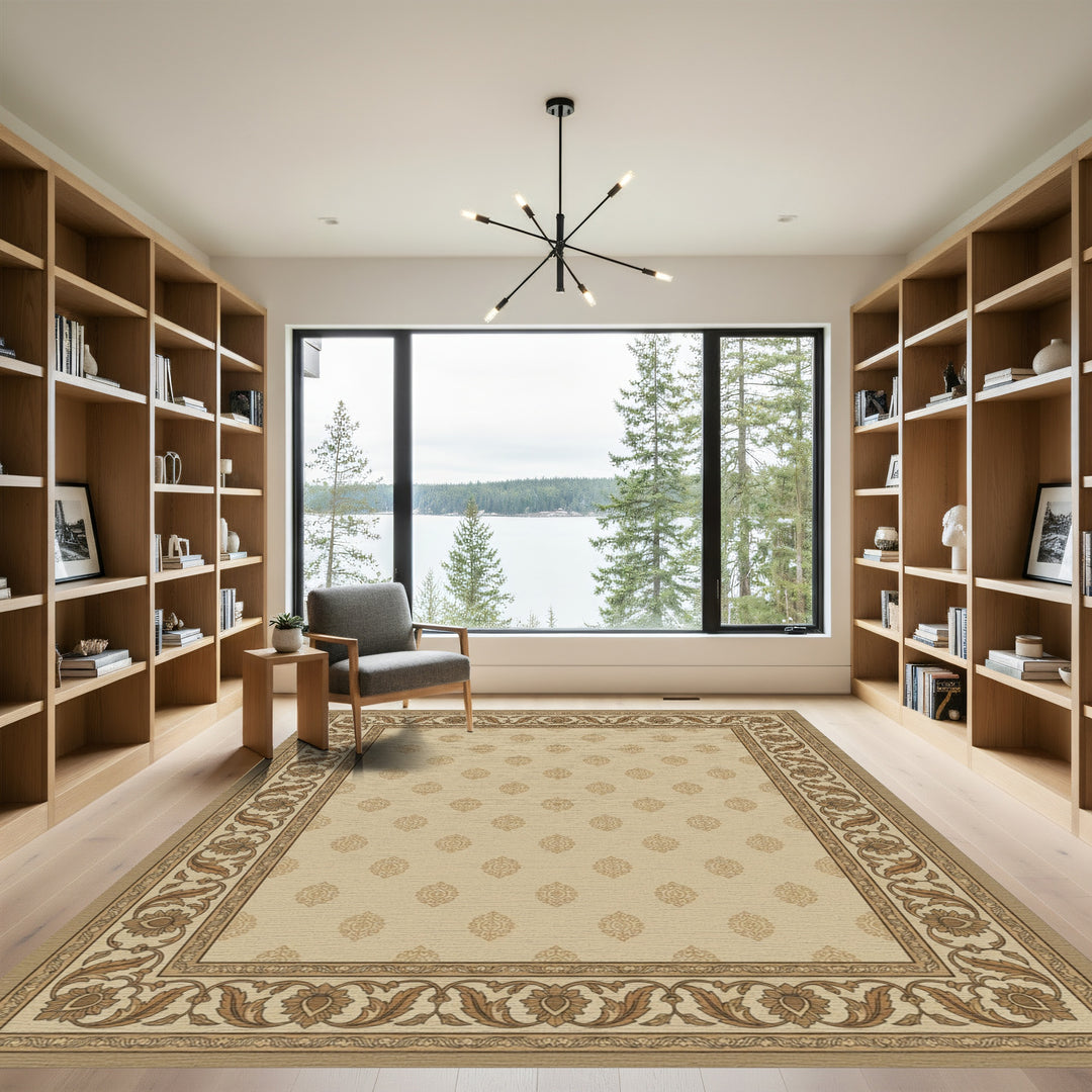 Elegant Beige Floral Border Medallion Rug