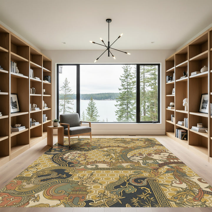 Golden Dragon Phoenix Pagoda Landscape Rug