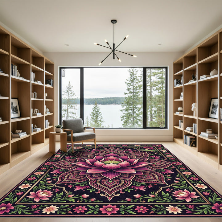 Rich Indigo Lotus Floral Arrangement Rug