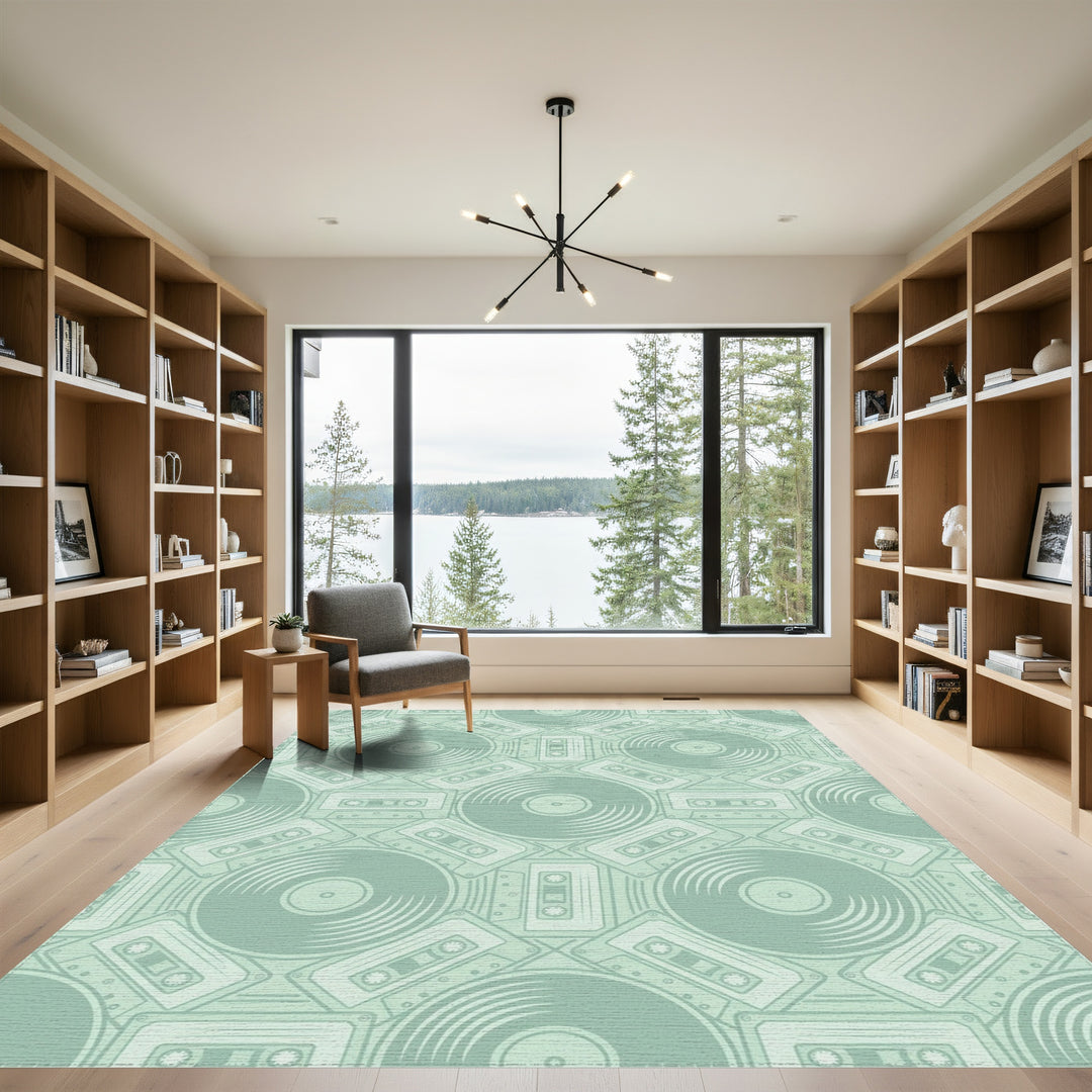 Retro Teal Vinyl Cassette Collage Rug