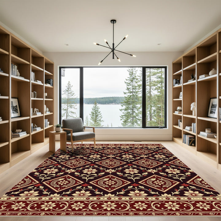 Deep Burgundy Floral Diamond Fish Rug