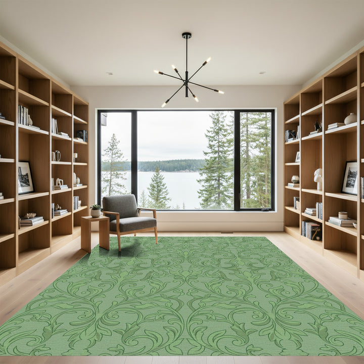 Sage Green Acanthus Leaf Damask Rug