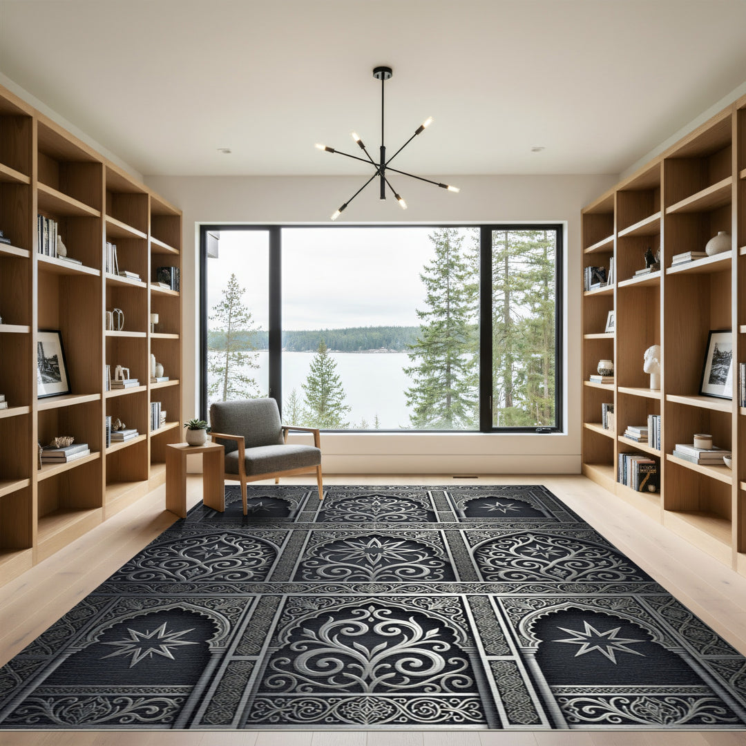 Ornate Silver Arabesque Arch Rug