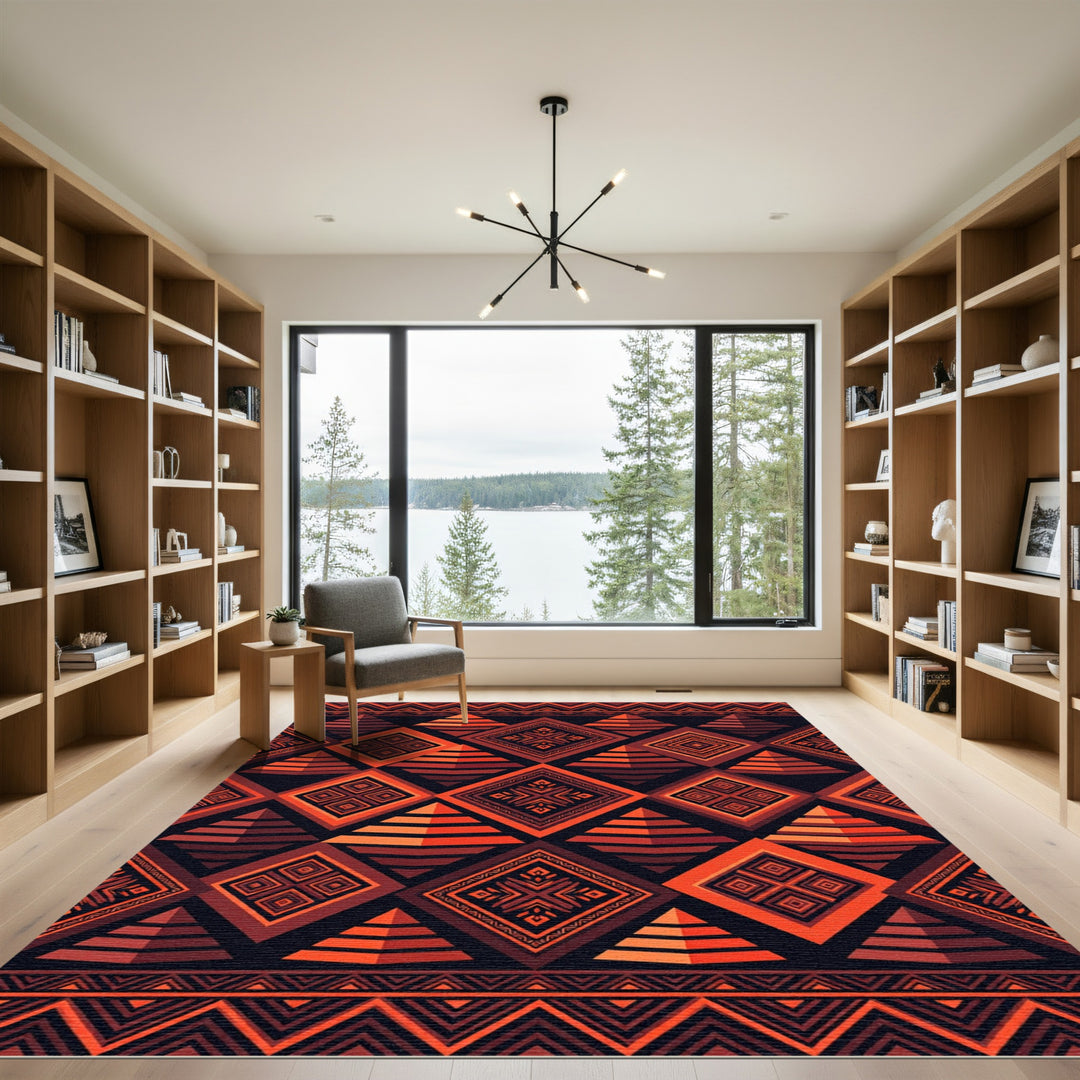 Crimson Orange Geometric Pyramid Diamonds Rug