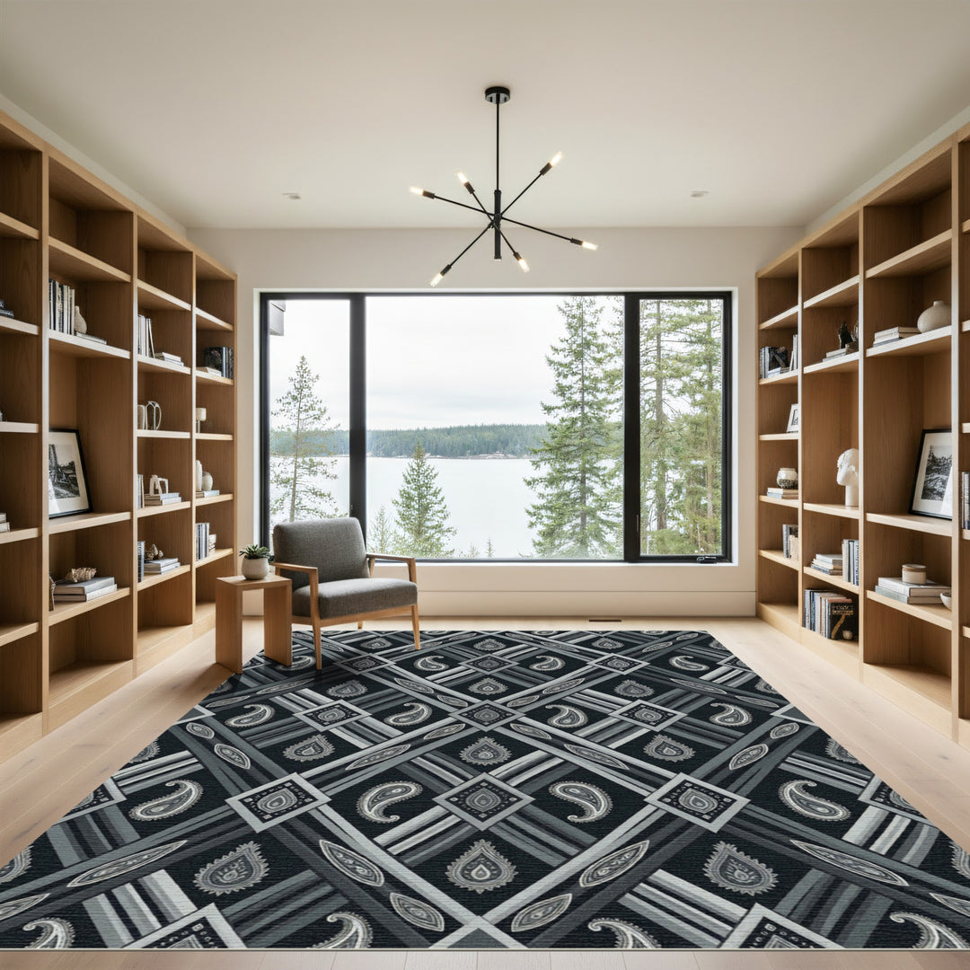 Grayscale Abstract Paisley Diamond Rug