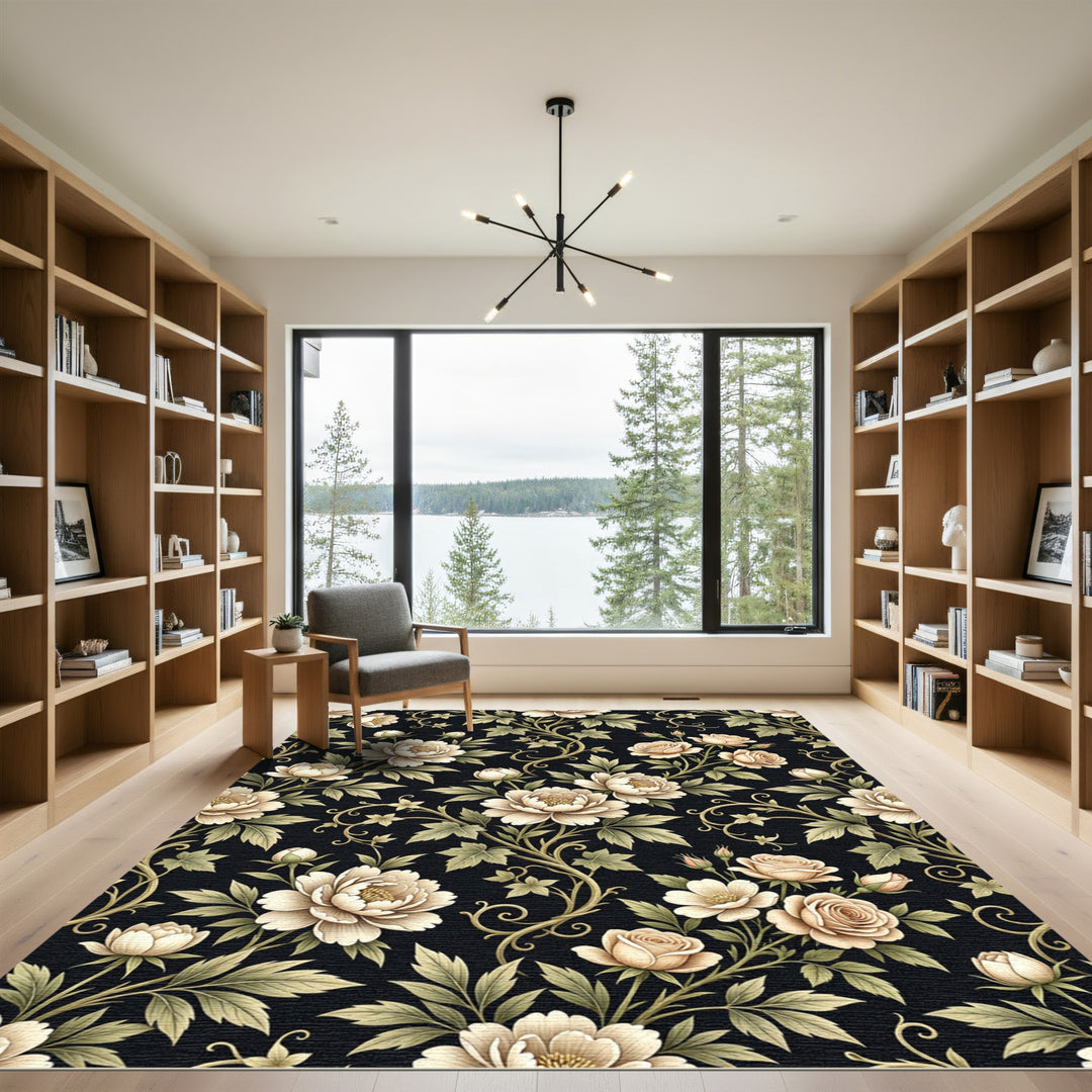 Cream Peony Rose Vine Flourish Rug