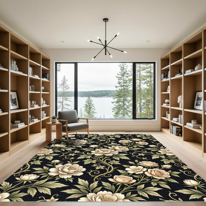 Cream Peony Rose Vine Flourish Rug