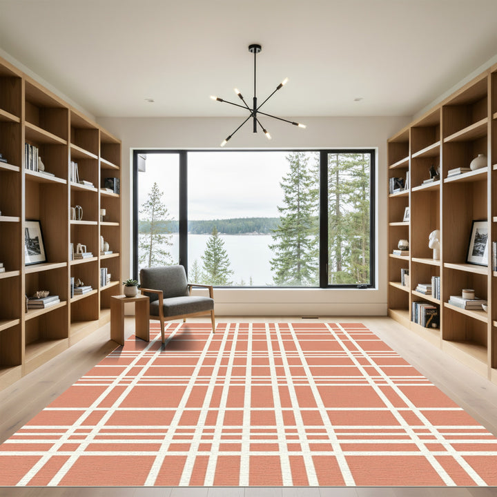 Terracotta White Checked Grid Rug