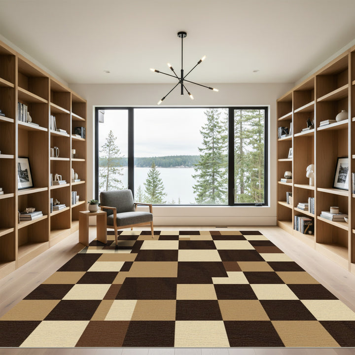 Geometric Wood Grain Checks Rug