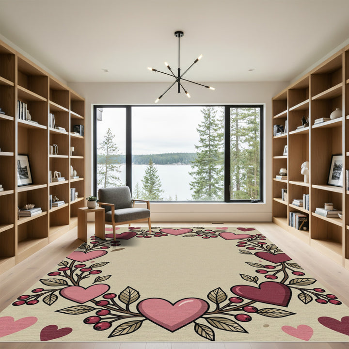 Crimson Pink Heart Berry Wreath Rug