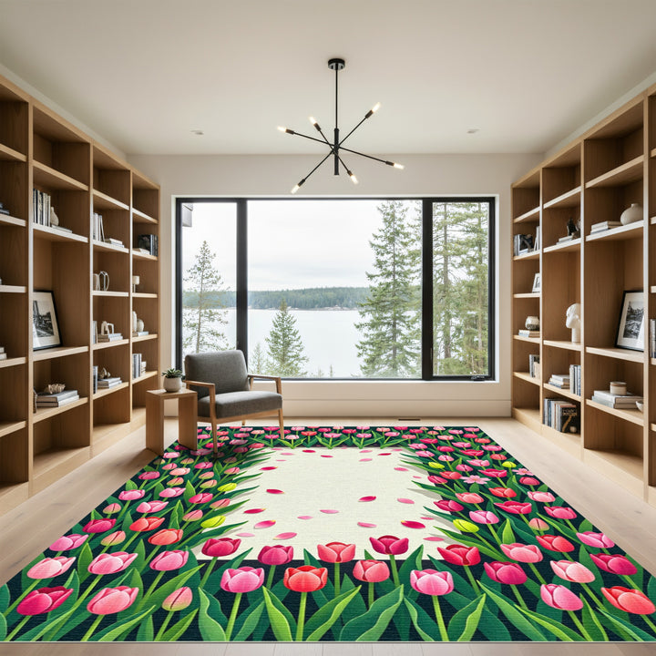 Pink Red Tulips Garden Border Rug