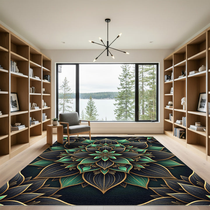 Emerald Gold Black Lotus Mandalas Rug
