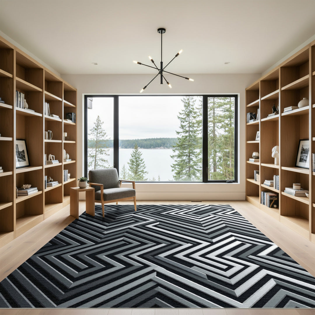 Abstract Zigzag Geometric Gray Rug