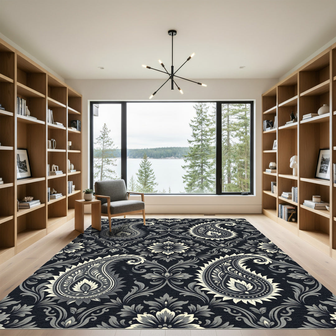 Elegant Black Paisley Floral Area Rug