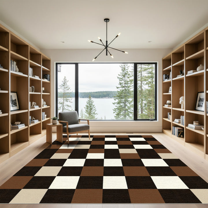Brown Cream Black Checkerboard Squares Rug
