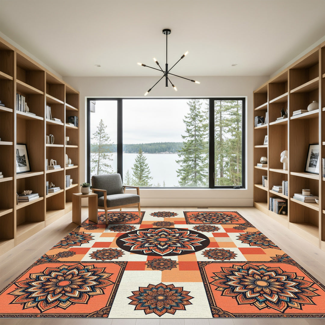 Orange Golden Mandala Checkerboard Rug