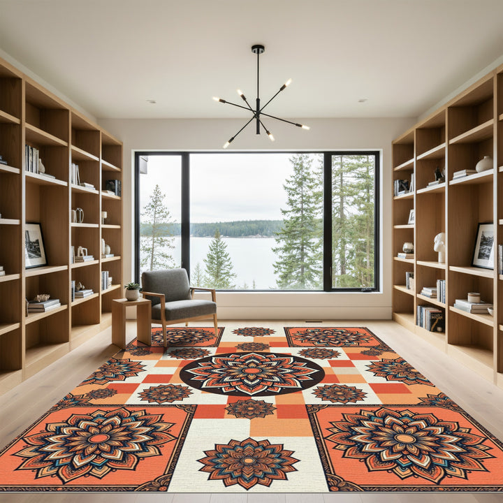 Orange Golden Mandala Checkerboard Rug