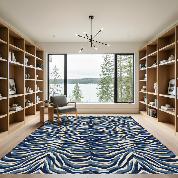 Deep Blue And Cream Zebra Stripes Rug