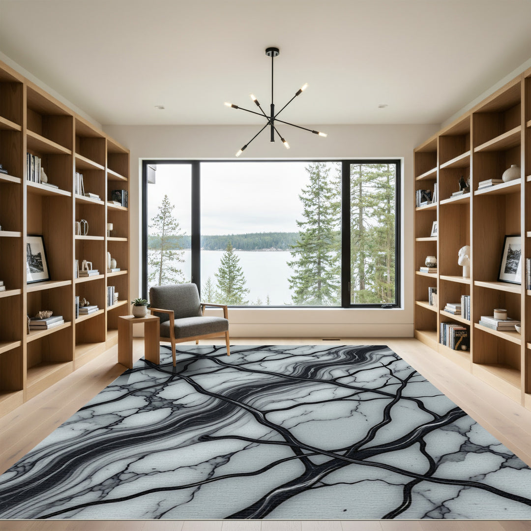 Abstract Black Marble Branch Rug