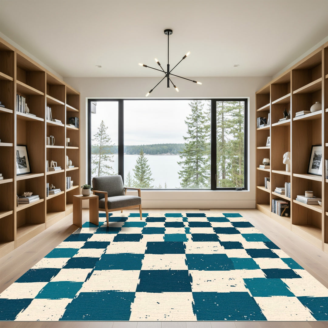 Distressed Teal Checkered Squares Rug