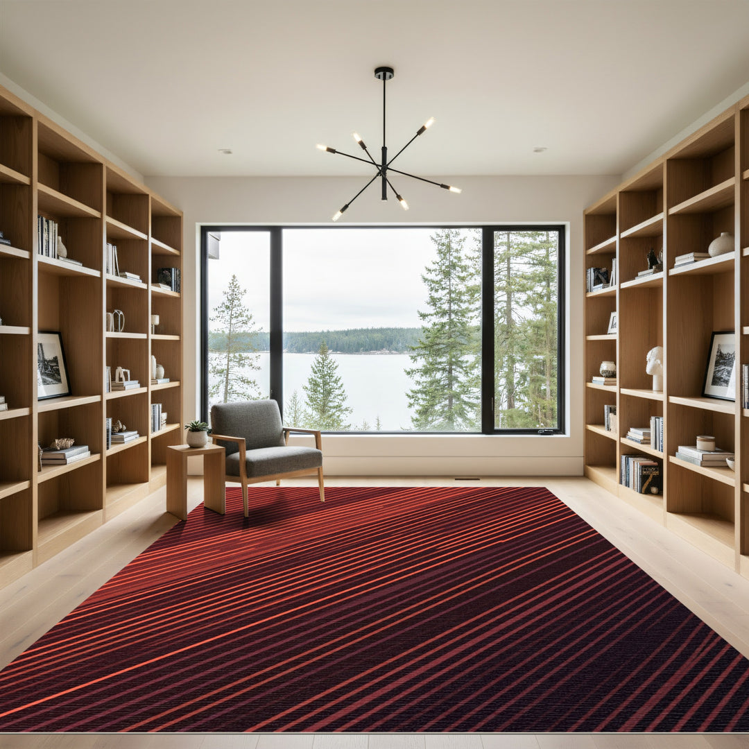 Coral Red Diagonal Line Art Rug