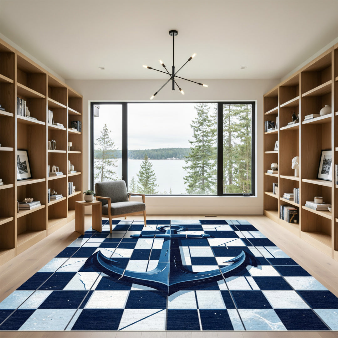 Dark Blue Nautical Anchor Checkered Rug