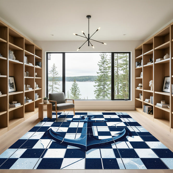 Dark Blue Nautical Anchor Checkered Rug