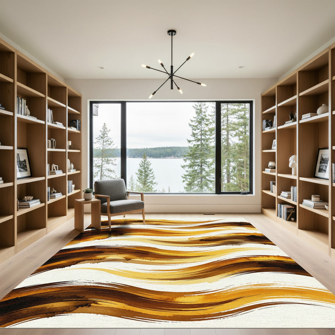 Golden Brown Abstract Brushstroke Rug