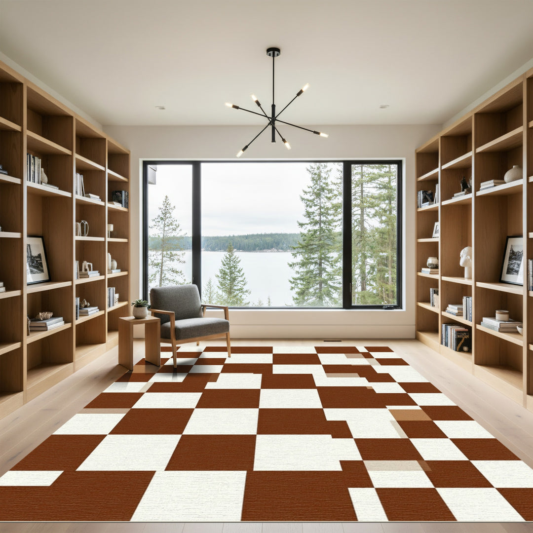 Brown White Checkerboard Geometric Squares Rug