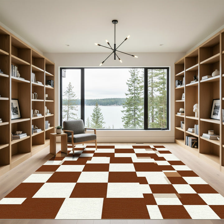 Brown White Checkerboard Geometric Squares Rug