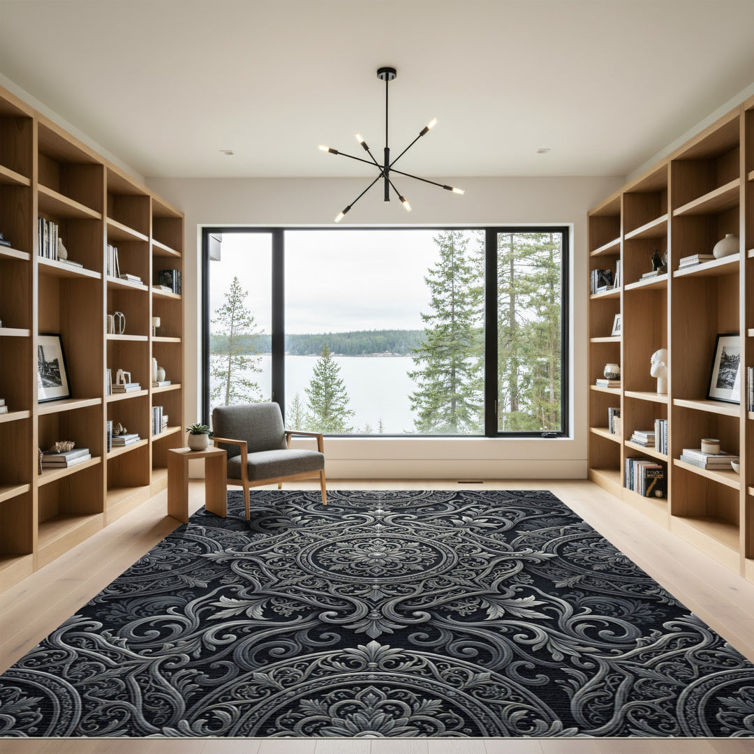 Charcoal Silver Arabesque Medallion Rug