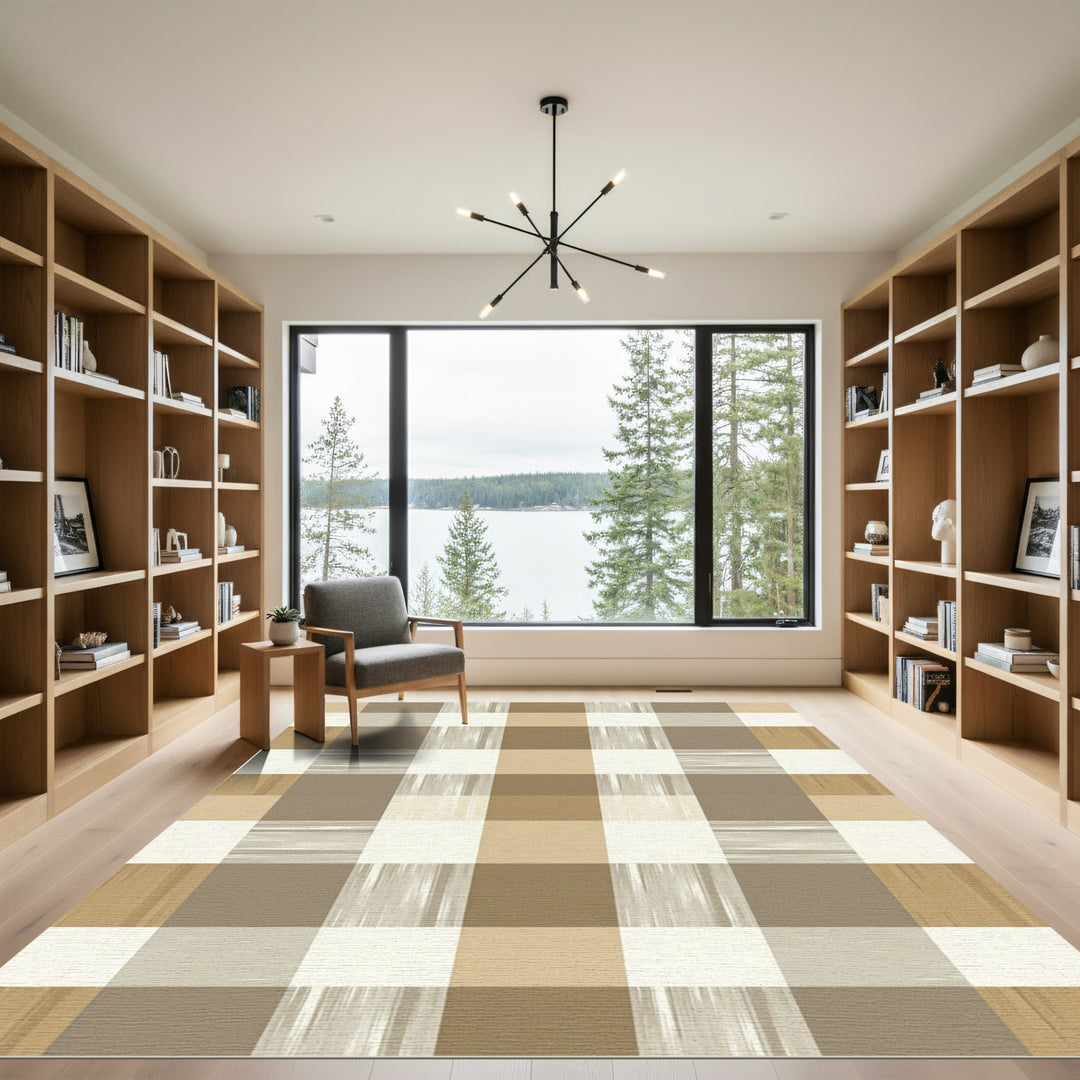 Tan Beige Gingham Plaid Rug