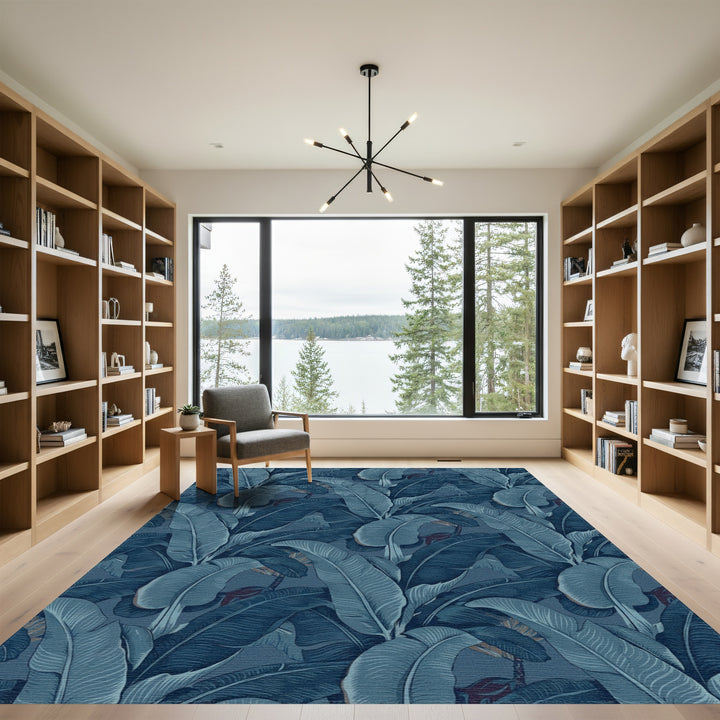 Deep Blue Banana Leaf Botanical Rug