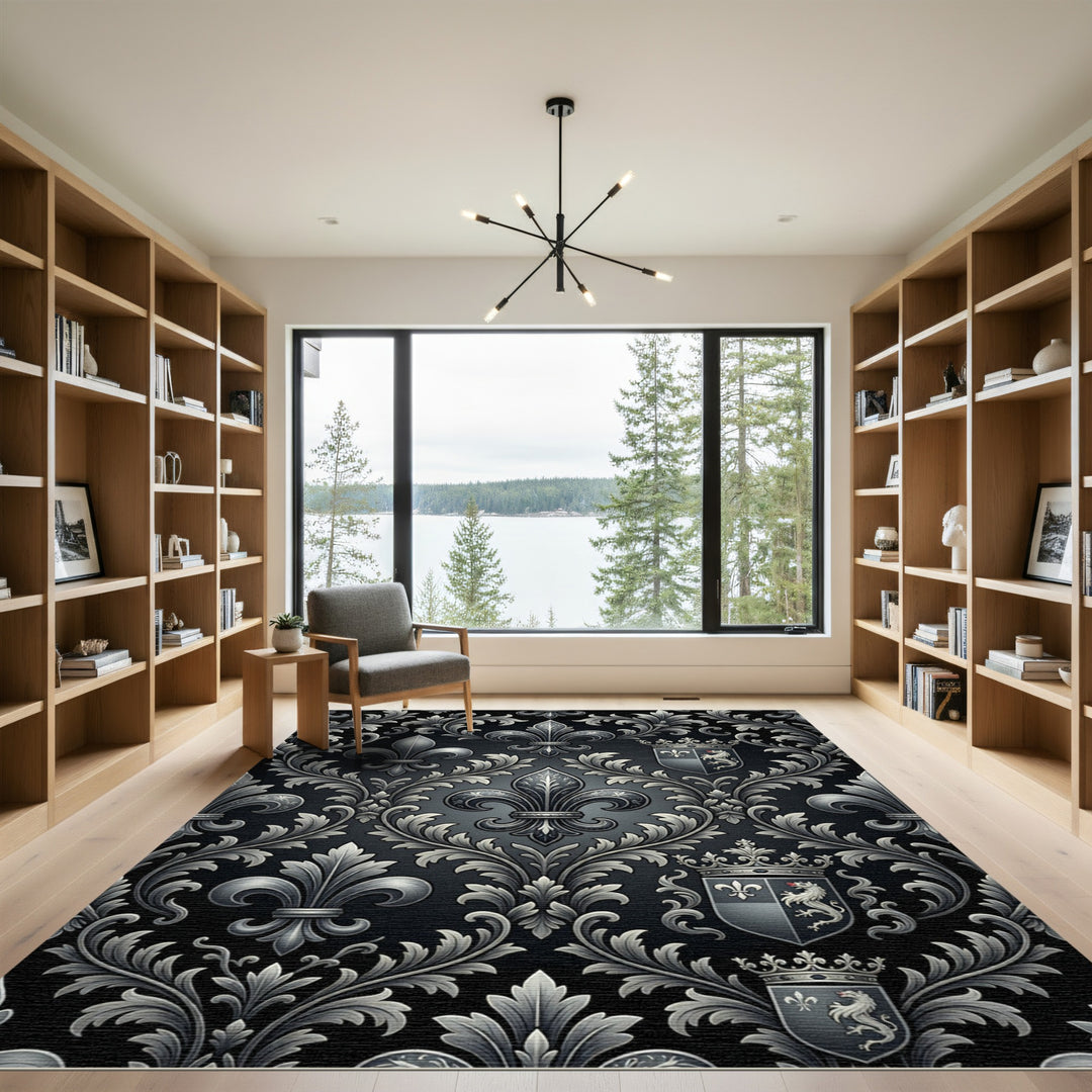 Ornate Black Silver Regal Coats Design Rug