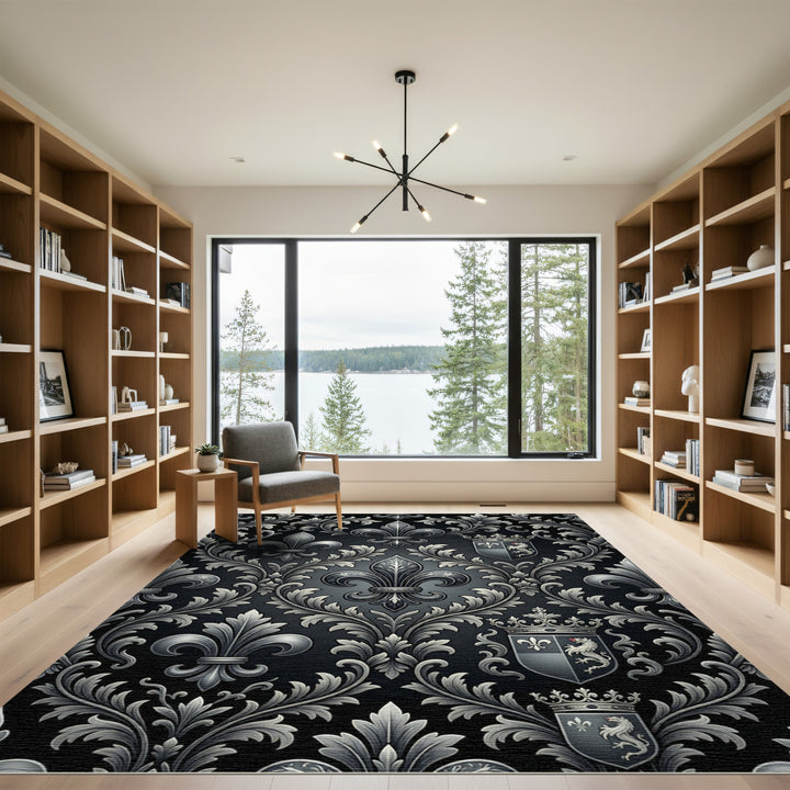 Ornate Black Silver Regal Coats Design Rug