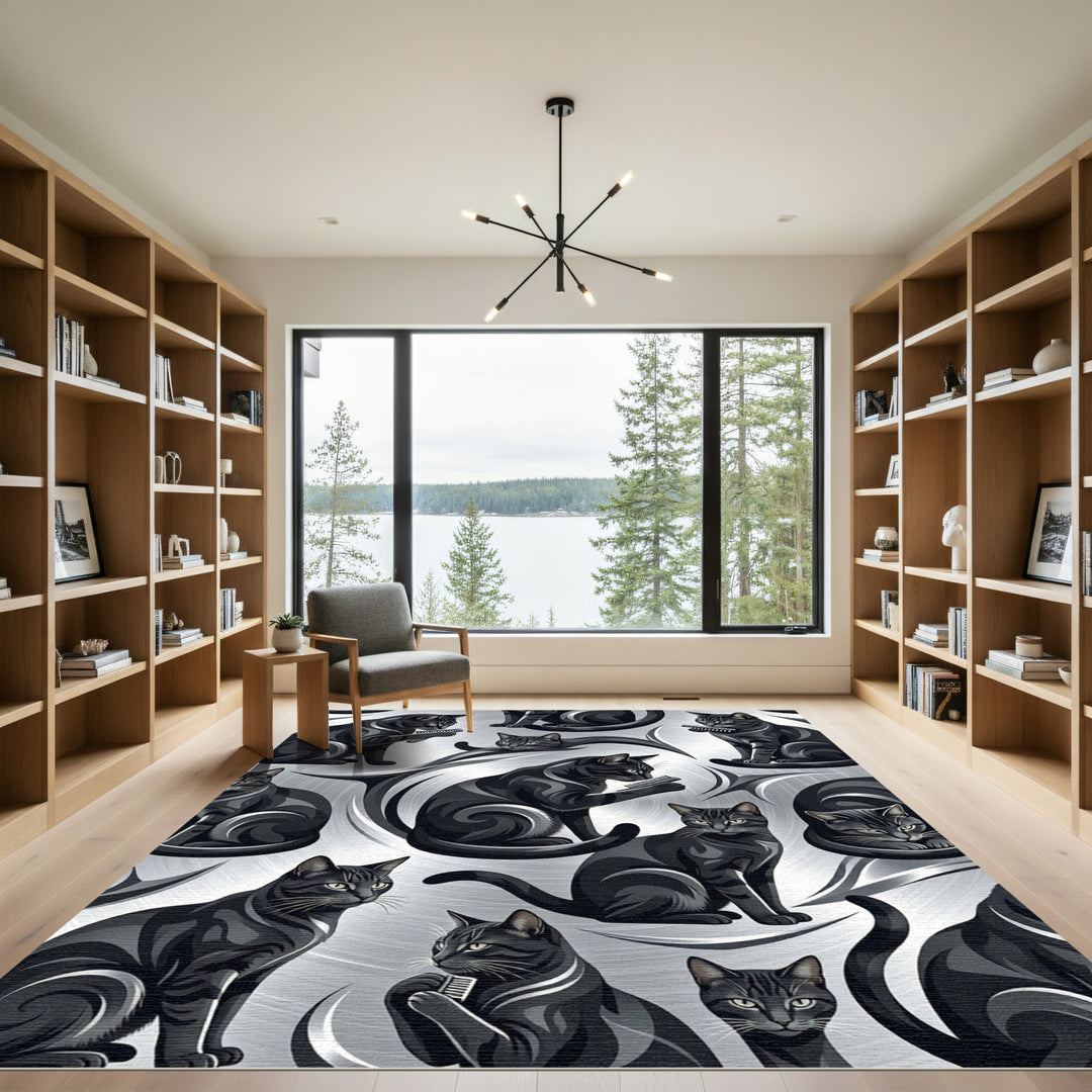 Sleek Black Cats Grooming Silver Swirls Rug
