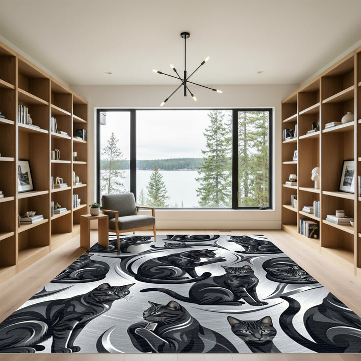 Sleek Black Cats Grooming Silver Swirls Rug