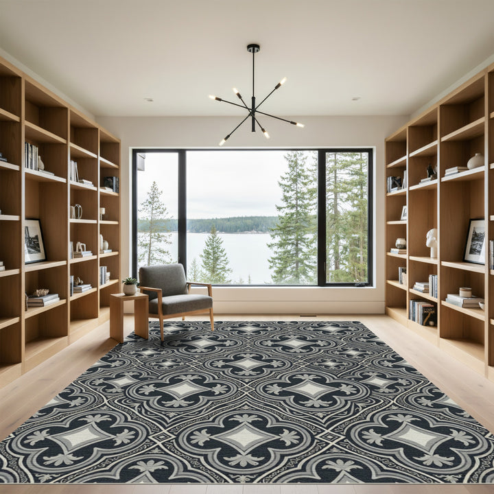 Dark Gray Quatrefoil Floral Medallion Rug