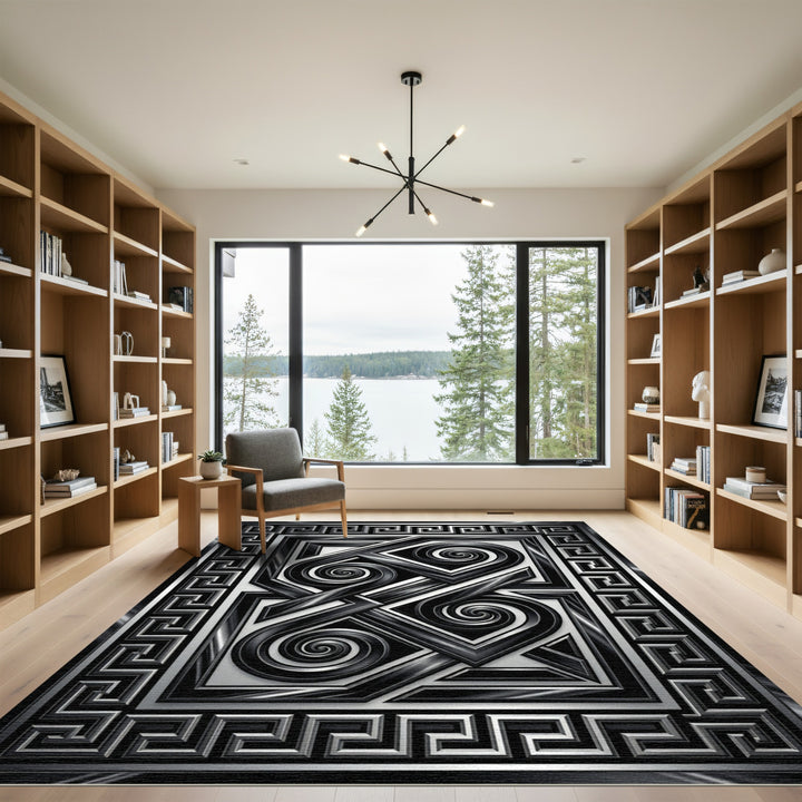 Abstract Black Silver Interlocking Scrolls Rug