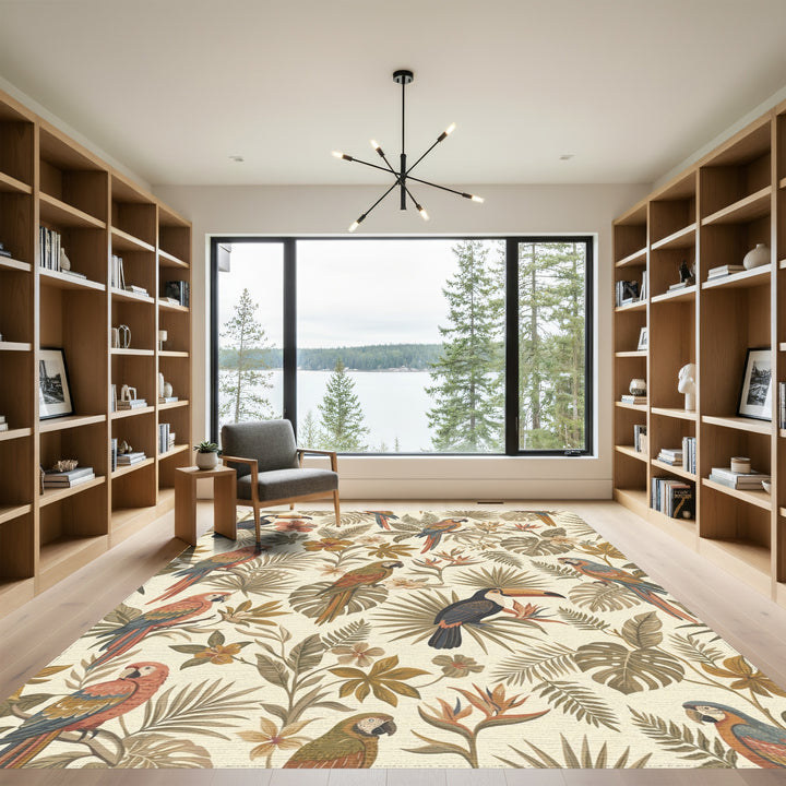 Earthy Tropical Toucan Parrot Foliage Rug