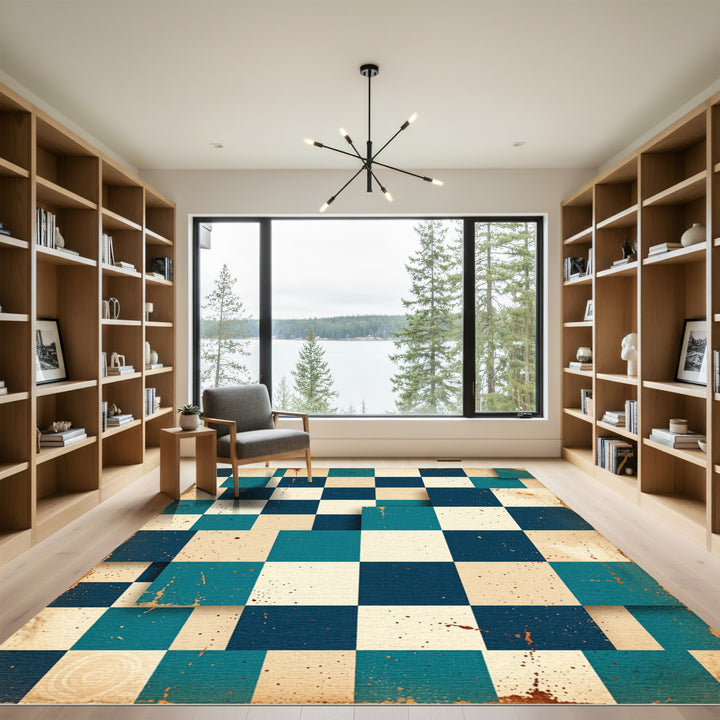 Retro Teal Blue Checkerboard Rug