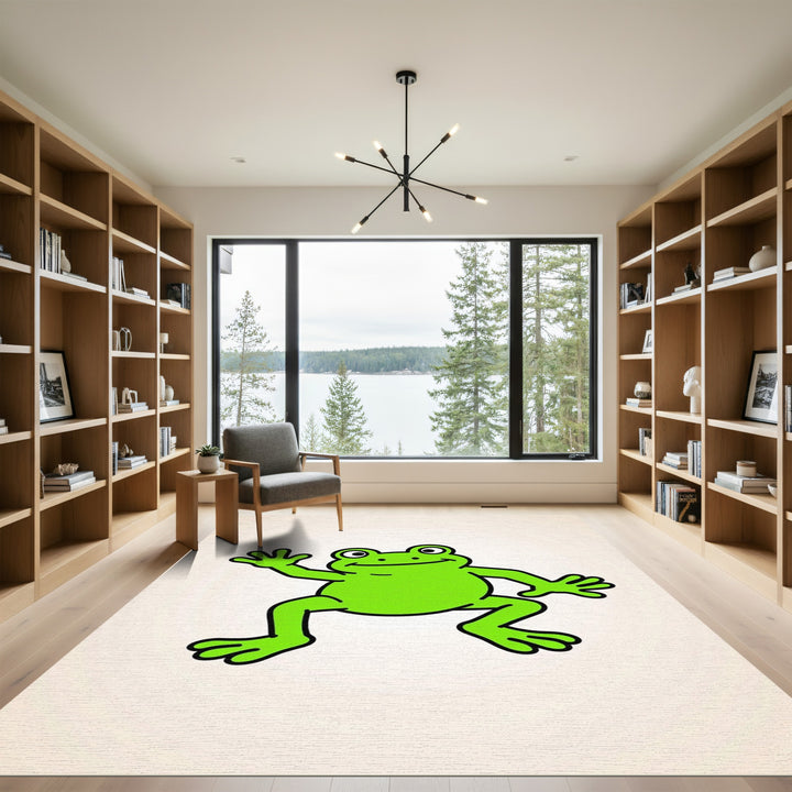 Whimsical Green Waving Frog Illustration Rug